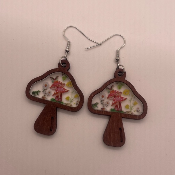 ❤️ FREE Mushroom Wood Like Floral Chic Glam Hipster Hippie Artsy Drop Earrings - Picture 4 of 6